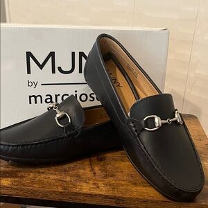 Marc Joseph Black Leather Loafers with Silver Accent